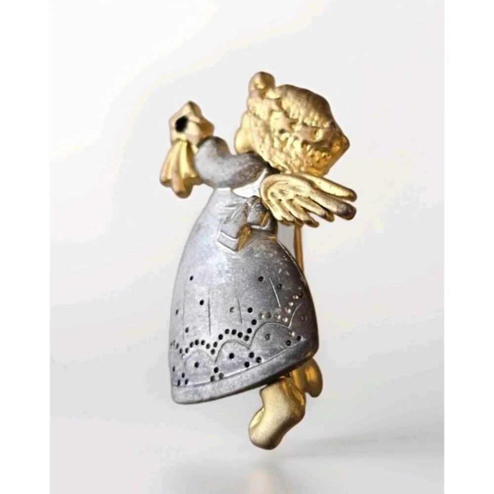 Vintage Angel Brooch Pin Two Tone Gold Silver Praying Angel Holding Flower #1225